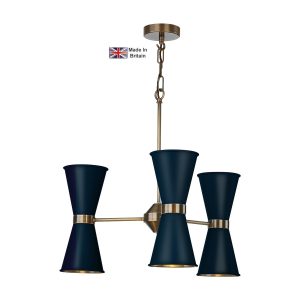 Hyde 6 light solid antique brass ceiling pendant with smoke blue shades with chain