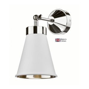 Hyde solid brass single wall light in polished chrome with Arctic white shade