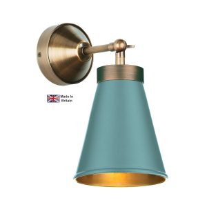 Hyde single solid antique brass wall light with river blue shade