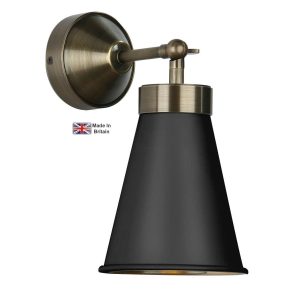 Hyde single solid antique brass wall light with matt black shade