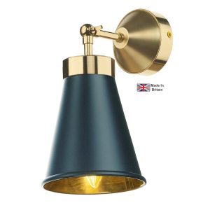 Hyde single solid polished brass wall light with smoke blue shade