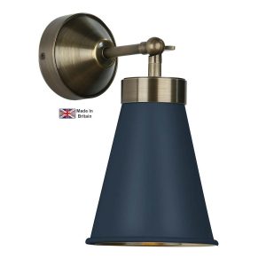 Hyde single solid antique brass wall light with smoke blue shade