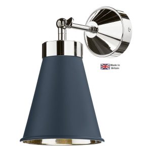 Hyde solid brass single wall light in chrome with smoke blue shade