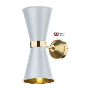 Hyde twin solid polished brass wall light with white shades