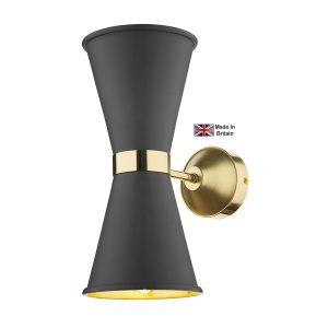 Hyde twin solid polished brass wall light with matt black shades