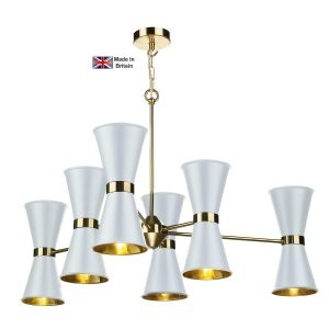Hyde 12 light large solid polished brass ceiling pendant with white shades