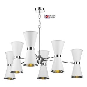 Hyde solid brass 12 light ceiling pendant in chrome with Arctic white shades lit