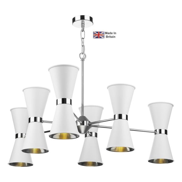 Hyde solid brass 12 light ceiling pendant in chrome with Arctic white shades lit