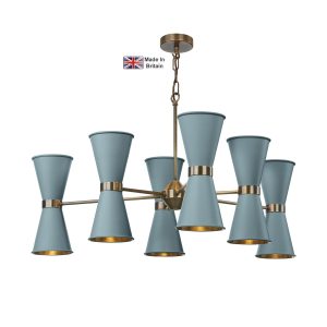 Hyde large 12 light solid antique brass ceiling pendant with river blue shades