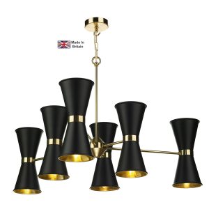 Hyde large 12 light solid polished brass ceiling pendant with matt black shades