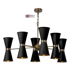 Hyde large 12 light solid antique brass ceiling pendant with matt black shades