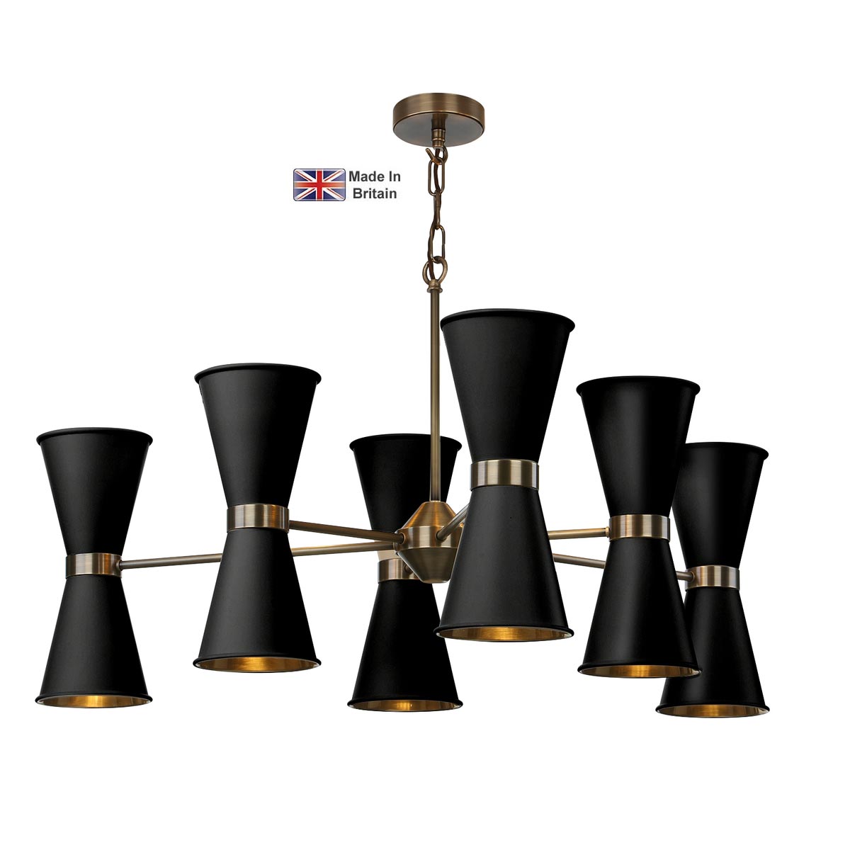 David Hunt Hyde 12 Light Solid Antique Brass Pendant Matt Black Shades