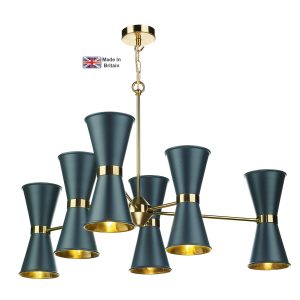 Hyde large 12 light solid brass ceiling pendant with smoke blue shades