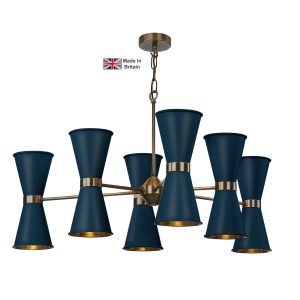 Hyde large 12 light solid antique brass ceiling pendant with smoke blue shades