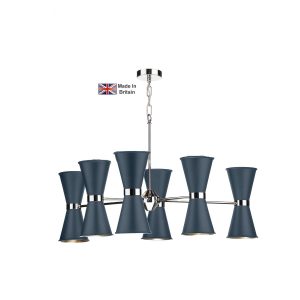 Hyde solid brass 12 light ceiling pendant in chrome with smoke blue shades