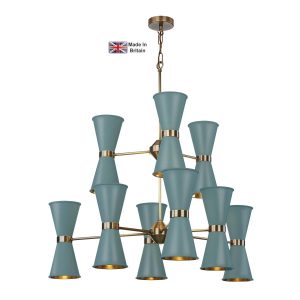 Hyde large 18 light solid antique brass ceiling pendant with river blue shades