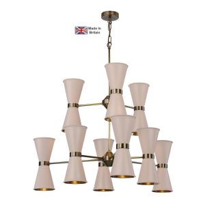 Hyde large 18 light solid antique brass ceiling pendant with Cotswold cream shades