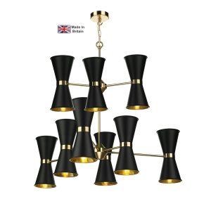 Hyde large 18 light solid polished brass ceiling pendant with matt black shades