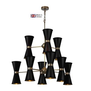 Hyde large 18 light solid antique brass ceiling pendant with matt black shades