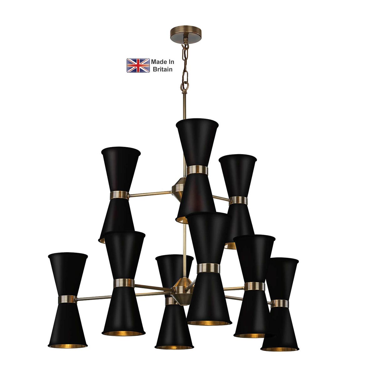 David Hunt Hyde 18 Light Solid Antique Brass Pendant Matt Black Shades