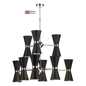 Hyde solid brass 18 light ceiling pendant in chrome with matt black shades