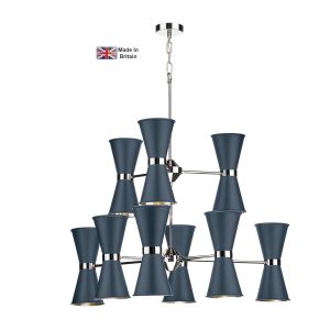 Hyde solid brass 18 light ceiling pendant in chrome with smoke blue shades