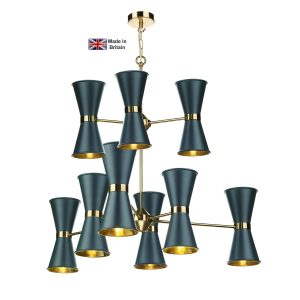 Hyde large 18 light solid polished brass ceiling pendant with smoke blue shades
