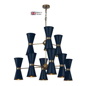 Hyde large 18 light solid antique brass ceiling pendant with smoke blue shades