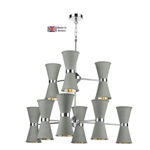 Hyde solid brass 18 light ceiling pendant in chrome with powder grey shades lit