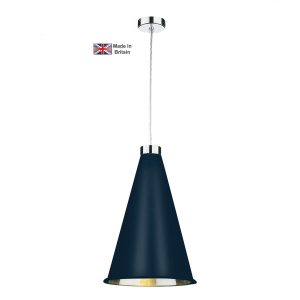 Hyde solid brass 1 light ceiling pendant with large smoke blue shade