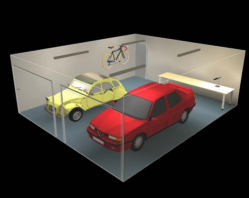 Relux screenshot showing result in double garage with work area