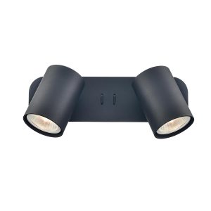 Duet switched double wall spotlight in matt black finish from Franklite, on white background.