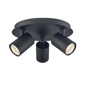 Duet 3 light round ceiling spotlight plate in matt black from Franklite on white background.