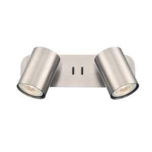 Duet switched double wall spotlight in satin nickel from Franklite, on white background.