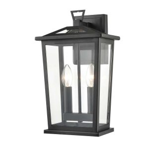 Franklite Dusk 2 light exterior wall lantern in matt black with clear glass panels on white background.