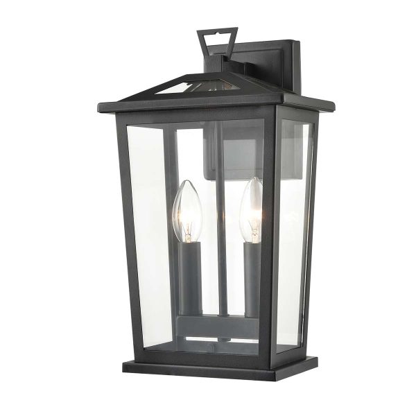 Franklite Dusk 2 light exterior wall lantern in matt black with clear glass panels on white background.