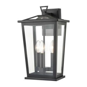 Franklite Dusk 3 light outdoor wall lantern in matt black with clear glass panels on white background.
