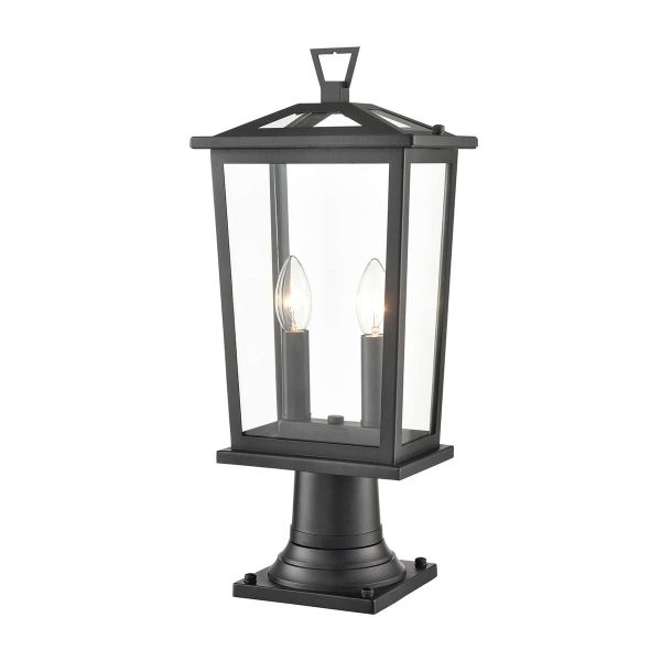 Franklite small Dusk 2 light modern outdoor pedestal lantern in matt black on white background.