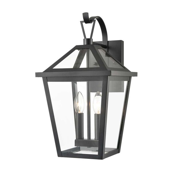 Franklite Dusk 2 light large outdoor wall lantern in matt black with clear glass panels on white background.