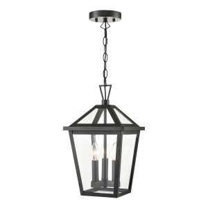 Franklite Dusk 3 light hanging outdoor porch lantern in matt black with clear glass panels on white background.