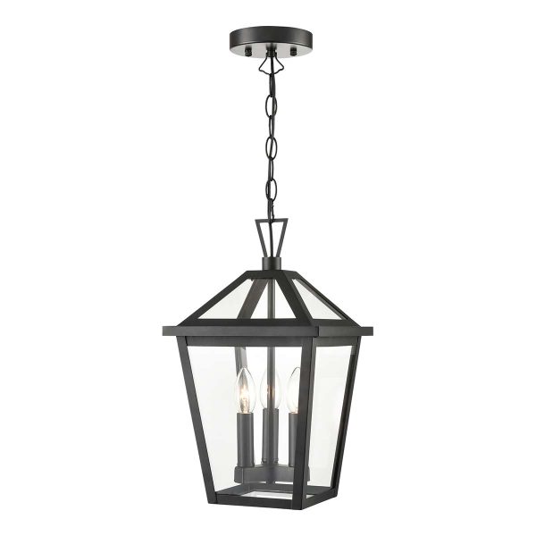 Franklite Dusk 3 light hanging outdoor porch lantern in matt black with clear glass panels on white background.