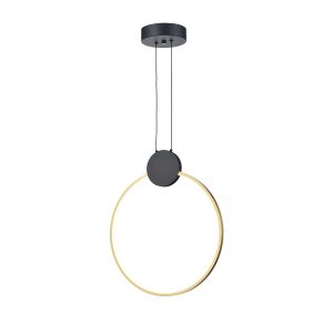 Franklite Eclipse 15W black and gold LED ring ceiling pendant, on white background.
