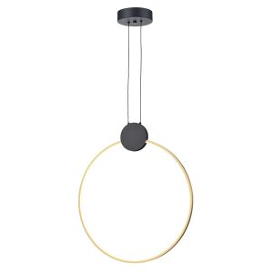 Franklite Eclipse 20W black and gold LED ring ceiling pendant, on white background.