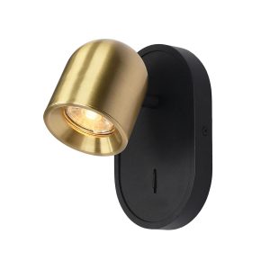 Franklite Encore switched single wall spotlight plate in matt black and brushed brass, on white background.