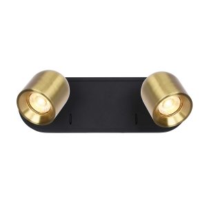 Franklite Encore switched double wall spotlight in matt black and brushed brass, on white background.