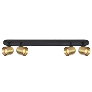 Franklite Encore 4 light ceiling spotlight bar in matt black and brushed brass, on white background.