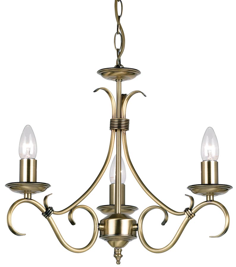 Bernice Traditional 3 Light Scrolled Arm Chandelier Antique Brass