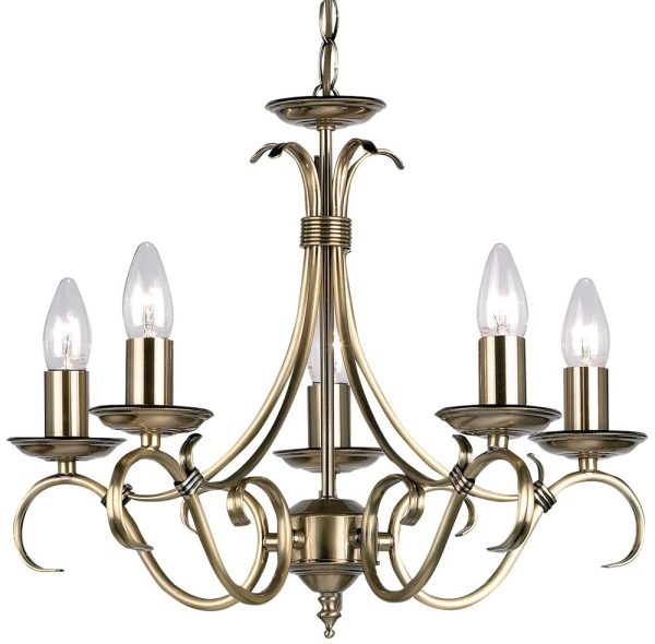 Bernice Traditional 5 Light Scrolled Arm Chandelier Antique Brass