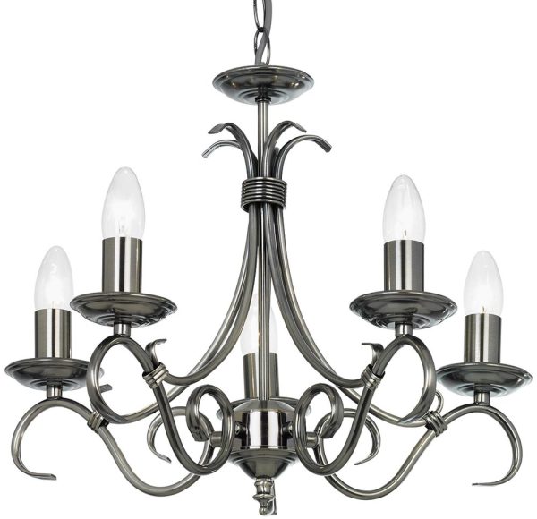 Bernice Traditional 5 Light Scrolled Arm Chandelier Antique Silver