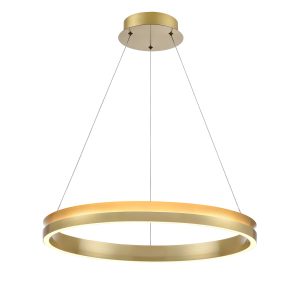 Eternity small satin brass LED ceiling pendant ring by Franklite, shown lit on white background.